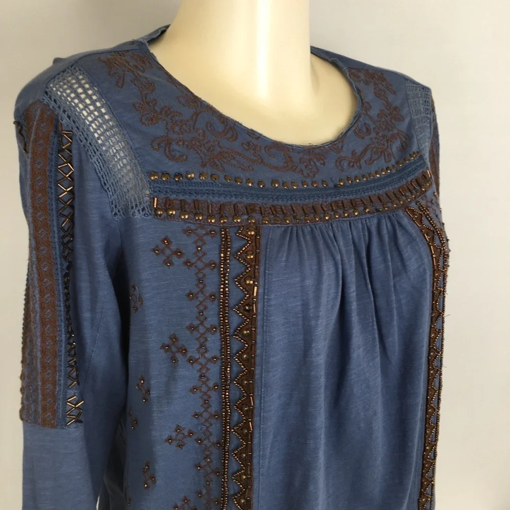 Sundance Boho Top Beaded Embroidered Blue Copper Long Sleeve Women’s Size Small